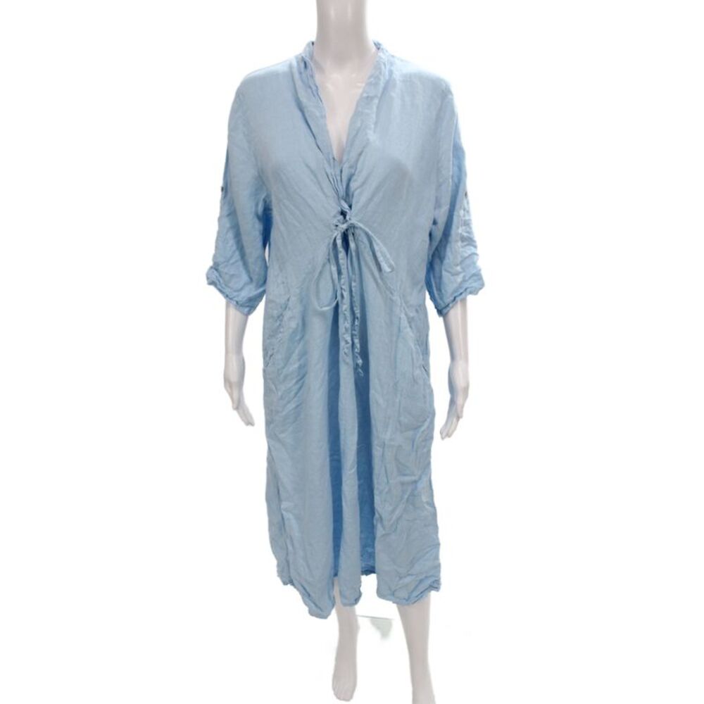 Astrid Womens Shirt Dress Blue Linen V-Neck 3/4 Sleeve Knee Length Size L